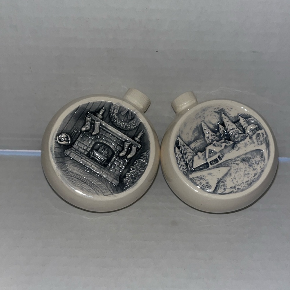 Vintage 1975-Duncan ceramics-Lot of two, white & gray, 3-D round ornaments.
